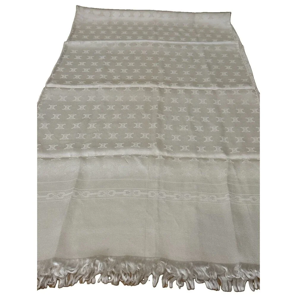 VTG Celine Paris 66” X 17” Ivory Tone On Tone Monogram Silk Scarf inch EVC